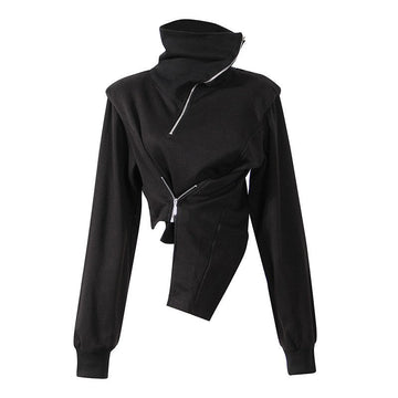 Solid Color Short Zip High Neck Asym Hem Slim Fit Sweatshirt