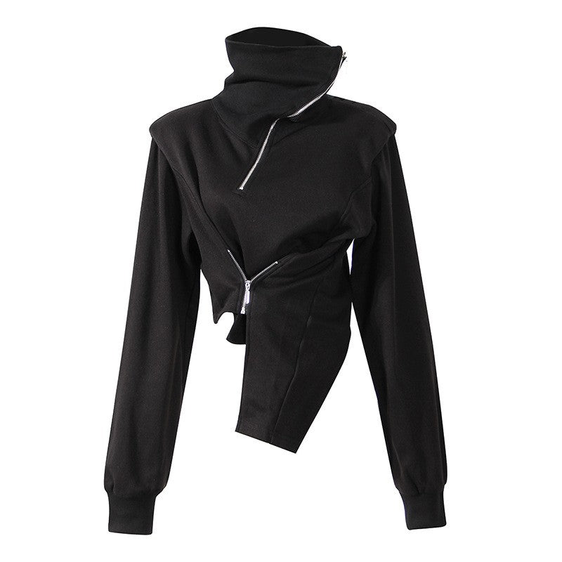 Solid Color Short Zip High Neck Asym Hem Slim Fit Sweatshirt