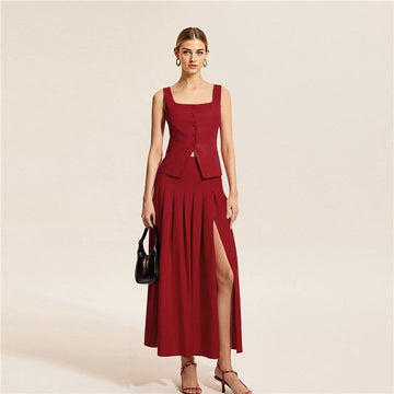 Waist Cut Sleeveless Vest Skirt Split Flare
