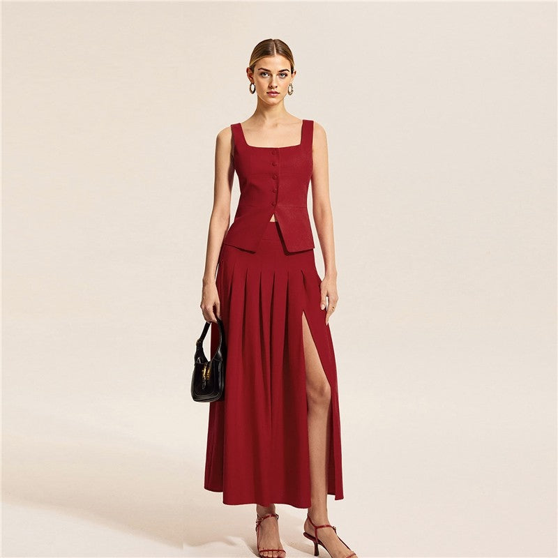Waist Cut Sleeveless Vest Skirt Split Flare