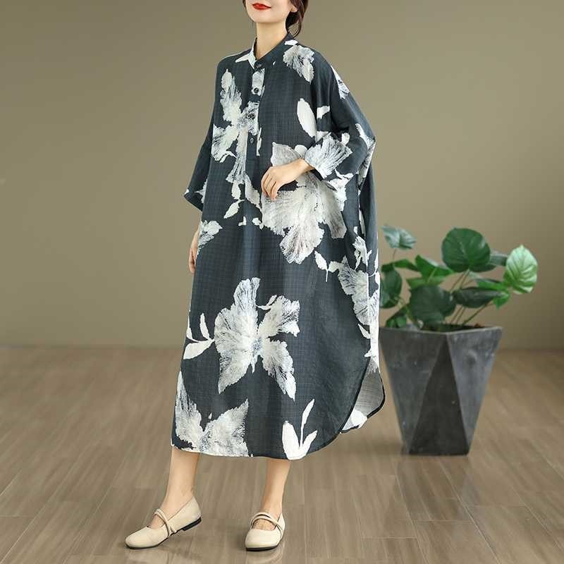 Loose Print Mandarin Collar Midi Dress