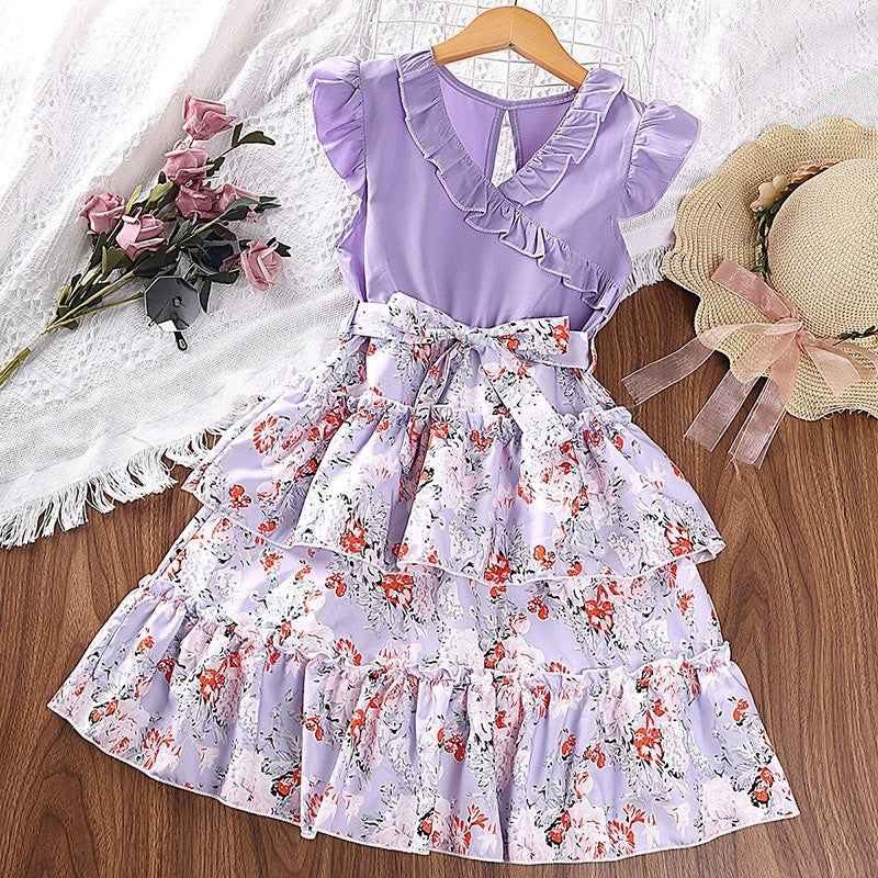 Girl's Lace Neck Fly Sleeve Floral Princess Dress