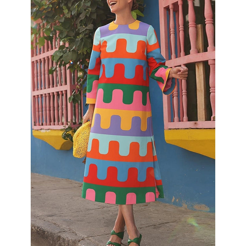 Long Sleeves Loose Printed Split-Side Round-Neck Midi Dresses