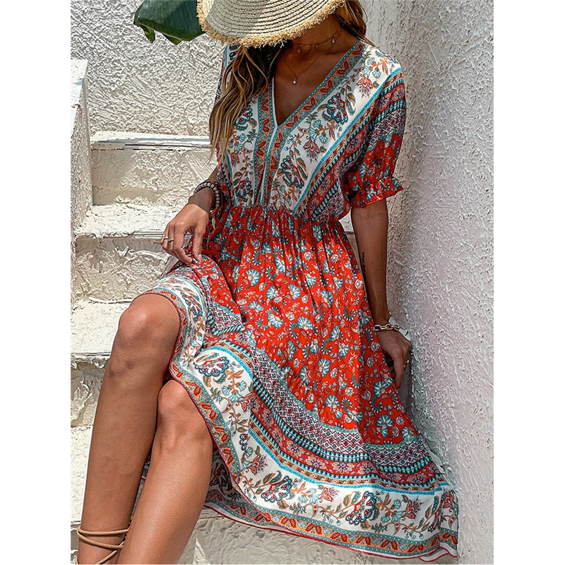 V-Neck Short Sleeves Backless Printed Midi Dress