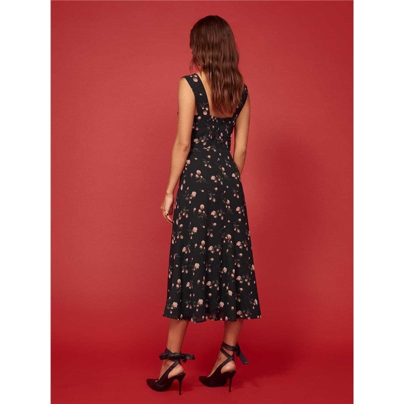 Printed Waist Hem Sexy Slit Tank Dress