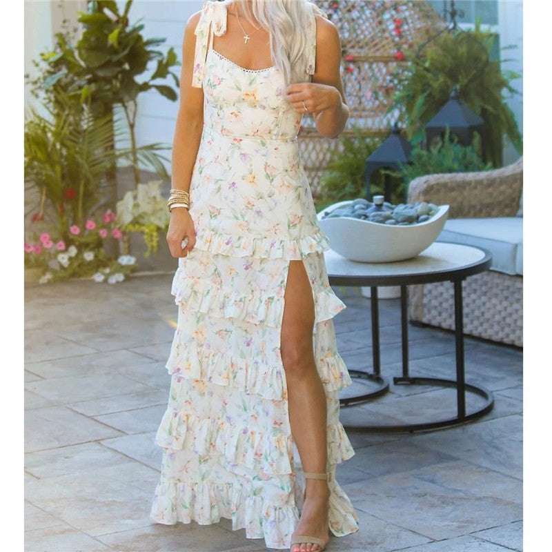Women's Sleeveless Maxi Dress With Slit And Floral Print