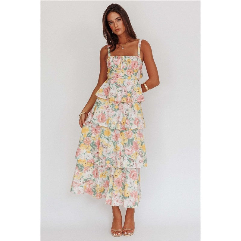Slim Fit Waist Floral Print Long Strapless Dress