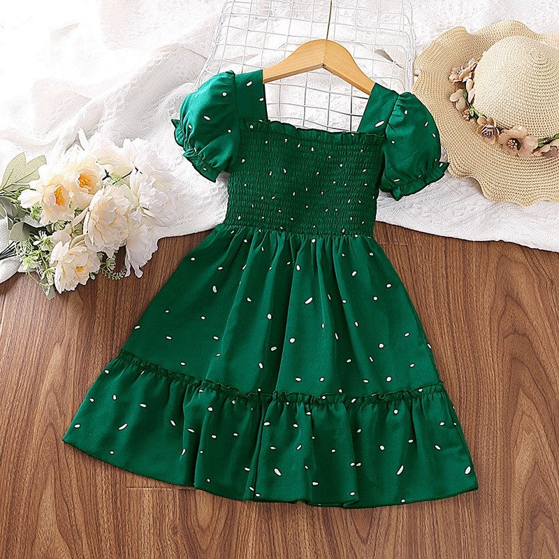 Girls' Polka Dot Square Neck Short Sleeve Dress