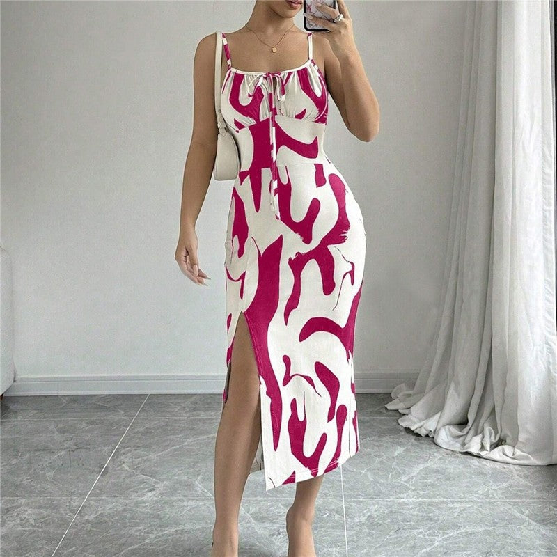 Midi Print Slit Thigh Slip Dress