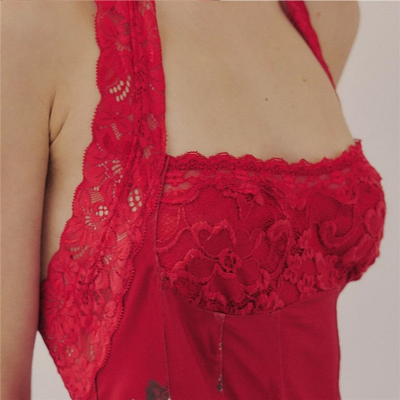 Lace Back Slit Print Maxi Dress