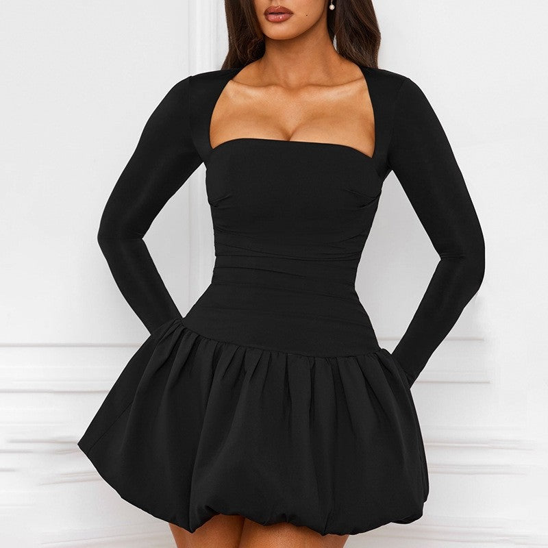 Cute Slim Fit Solid Long Sleeve Mini Dress