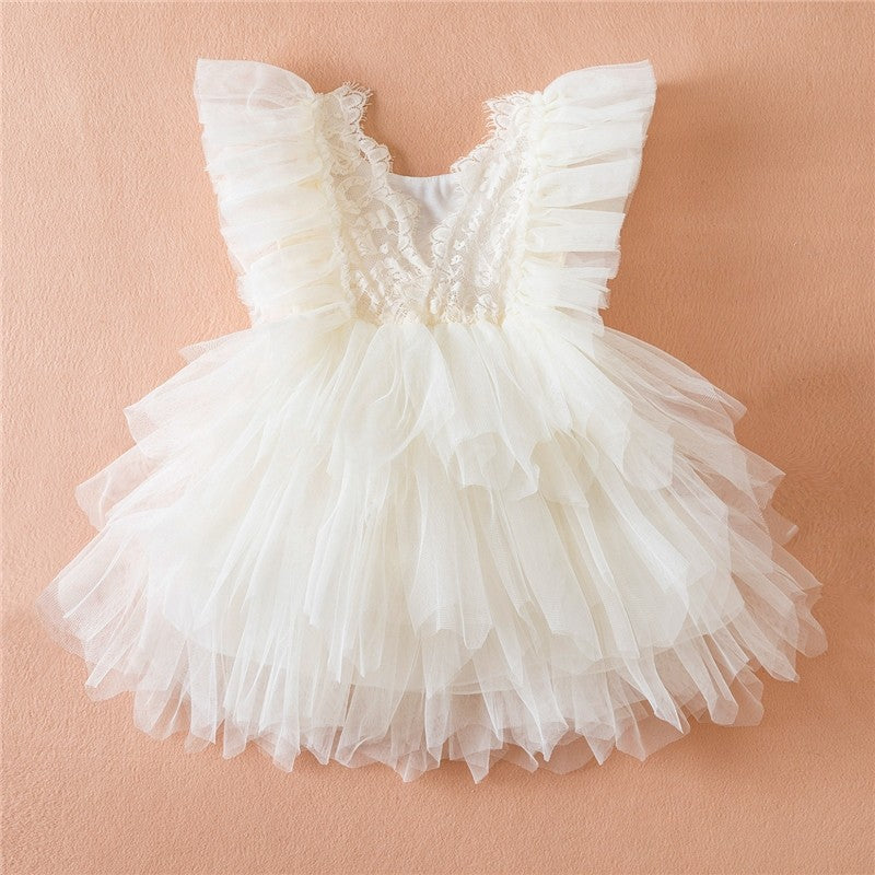 Girls' Solid Color Lace Embroidered Tulle Princess Dress