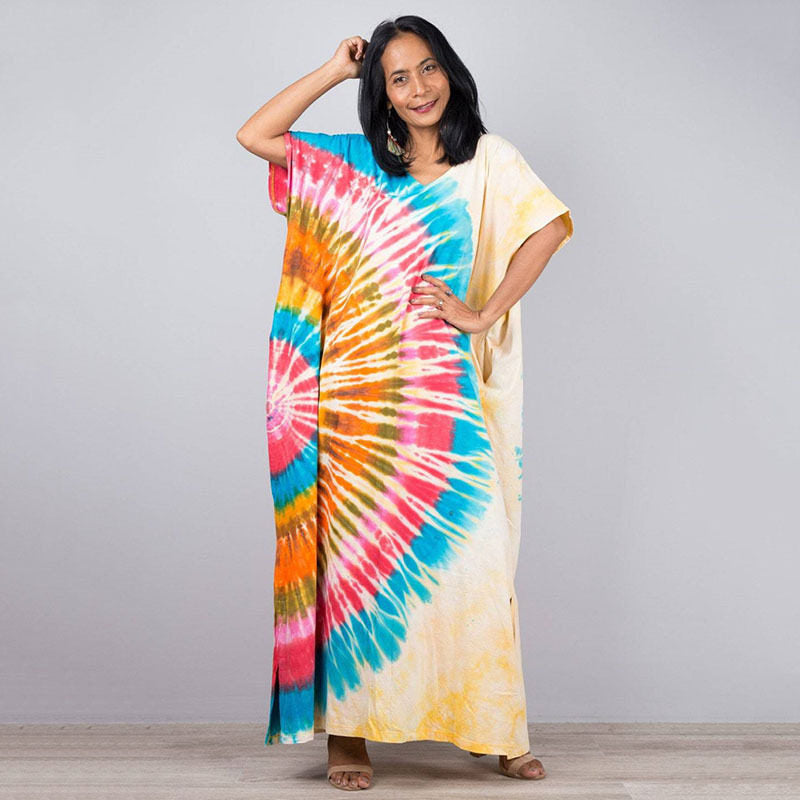 Short Sleeves Tie-Dyed Split Maxi Dress