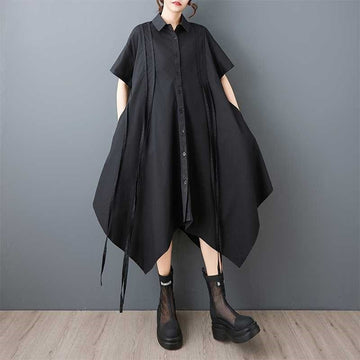 Black Waist Tie Plus Size Shirt Dress