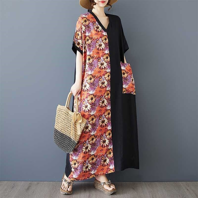 V Neck Printed Loose Long Dress