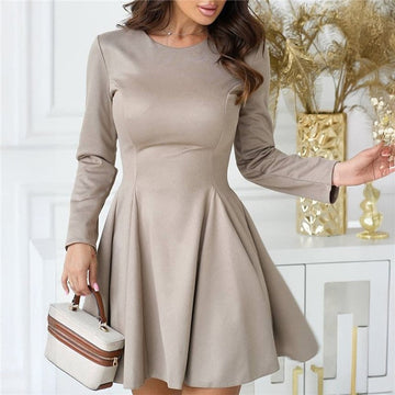 Solid Color Long Sleeve Belted Short Dress