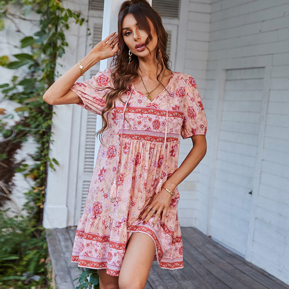Short Sleeve V-Neck Printed Dress