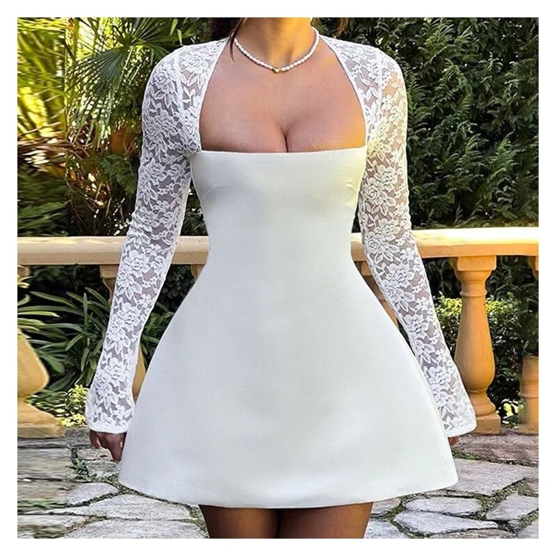 Lace Trim Sleeve A-Line Short Dress