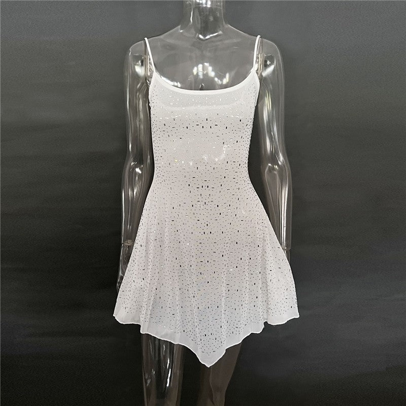 Semi-Sheer Spaghetti Strap Short Dress With Rhinestones
