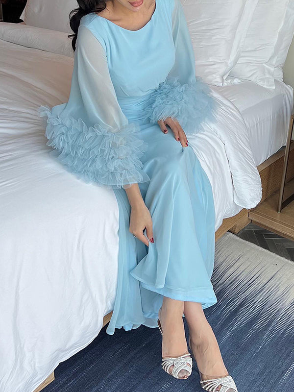 Solid Color Pleated Tied Waist Flared Sleeves Long Sleeves Maxi Dresses