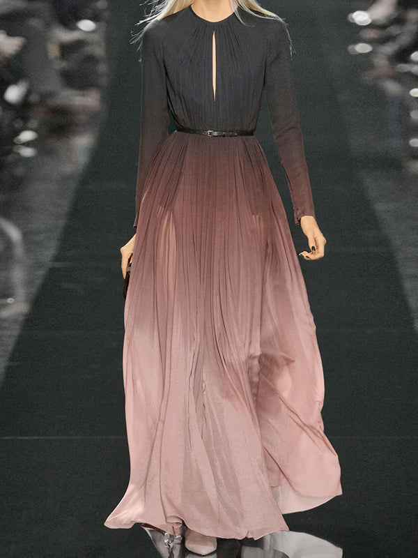 Loose Belted Contrast Color Hollow Pleated Zipper Round-Neck Maxi Evening Dresses