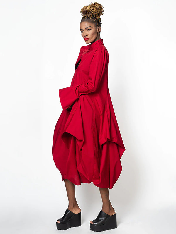 Stylish Loose Stand-Collar Long Sleeves Midi Dress