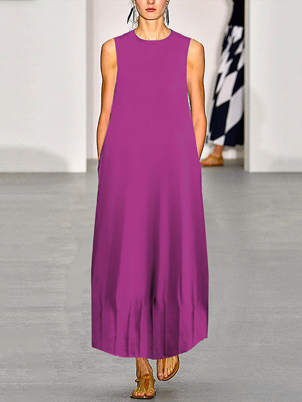 Loose Sleeveless Pleated Pockets Solid Color Round-Neck Maxi Dresses
