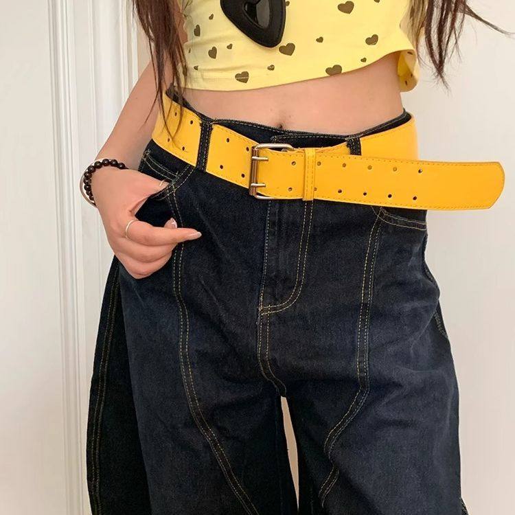 Women's Wide Yellow Belt With Double Buttons For Dresses And Jeans