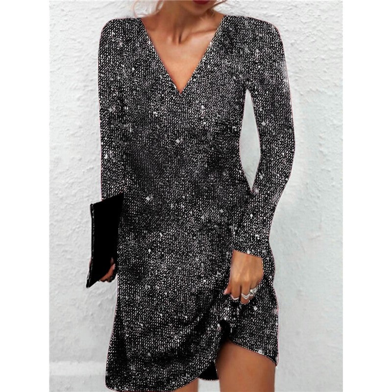 V-Neck Sequin Long Sleeve Short Dress