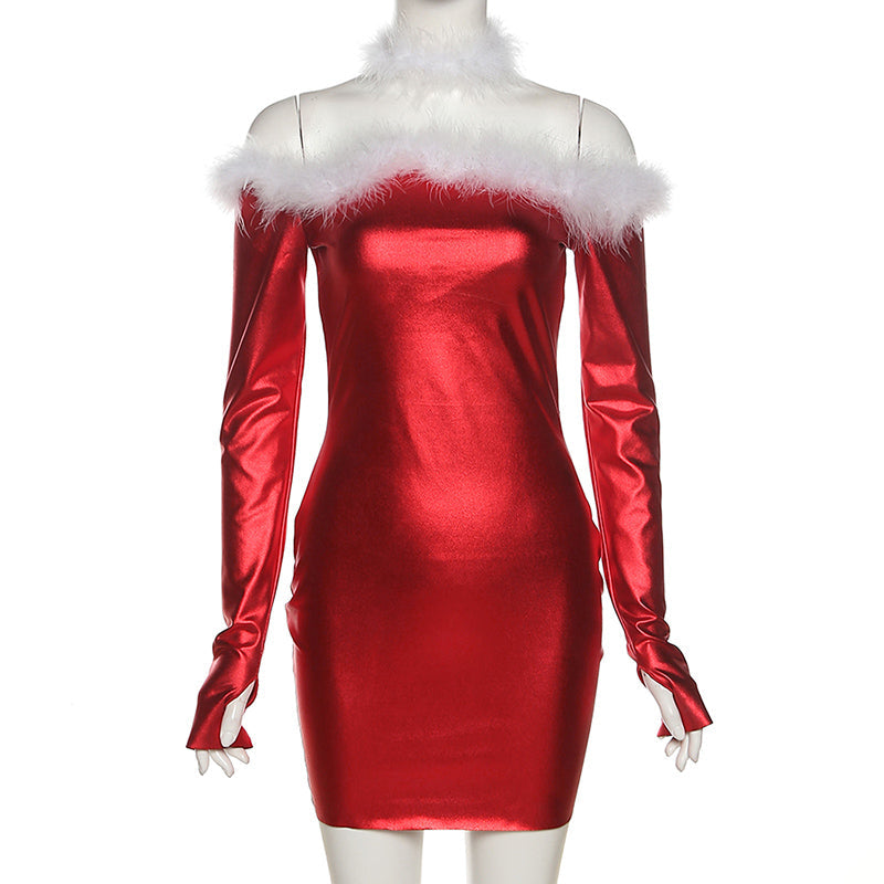 New Year Sexy One Piece Christmas Dress For Women Strapless Off Shoulder Party Red Dresses Clothes Mini Bodycon Party Dress