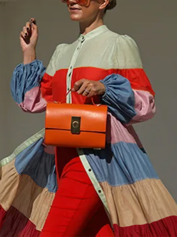 Long Sleeves Loose Buttoned Contrast Color Striped Stand Collar Outerwear