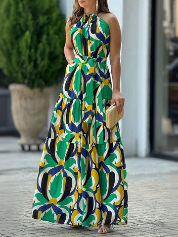 All-Match Geometric Tied Waist High Waisted Maxi Dresses