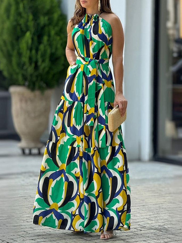 All-Match Geometric Tied Waist High Waisted Maxi Dresses