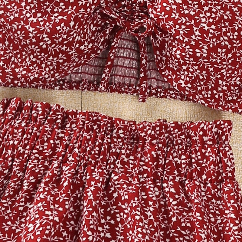 Floral Halter Drawstring Short Sleeve Half Skirt Girl's Set