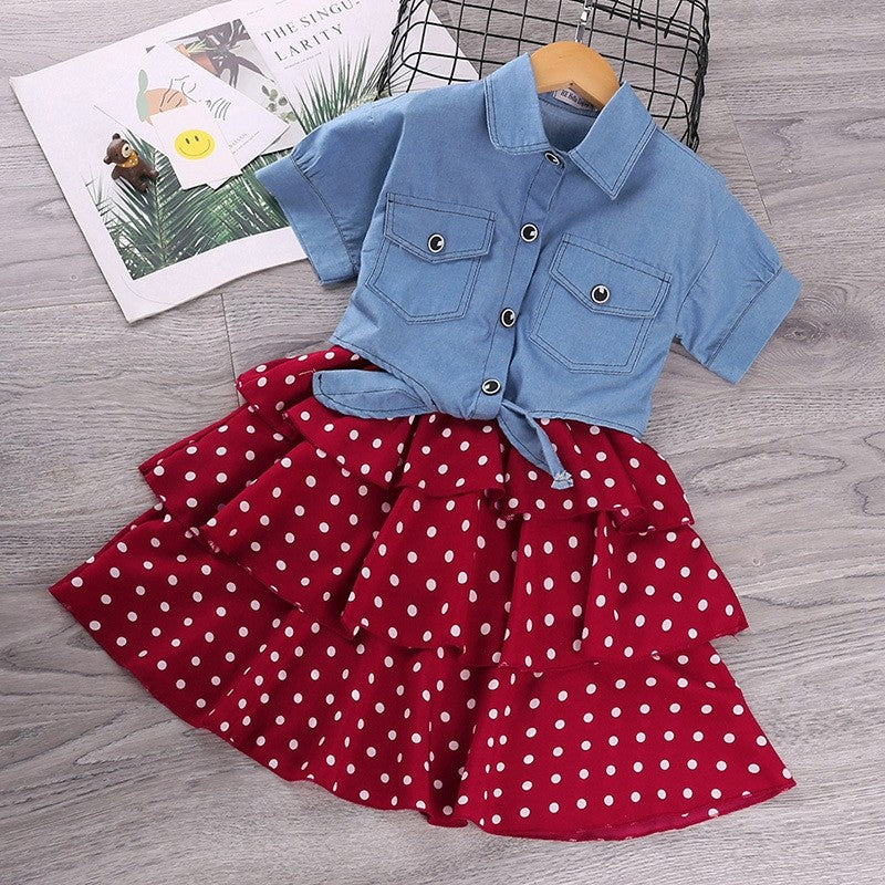 Cowboy Short Sleeve Polka Dot Dress Girl's Set