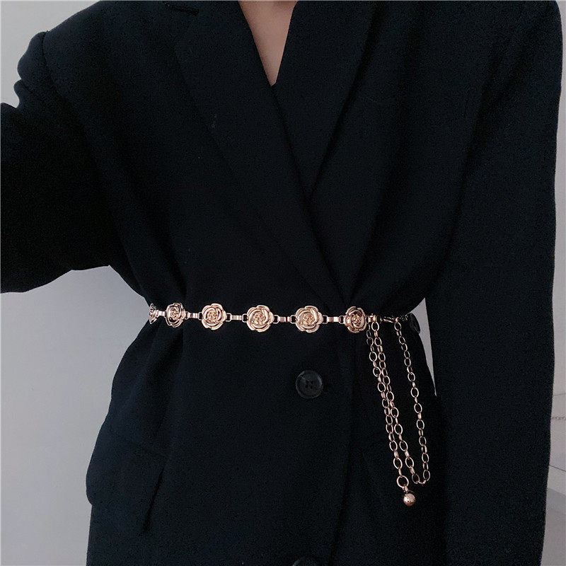 Women's Rose Metal Waist Chain Belt For Dresses Skirts Retro