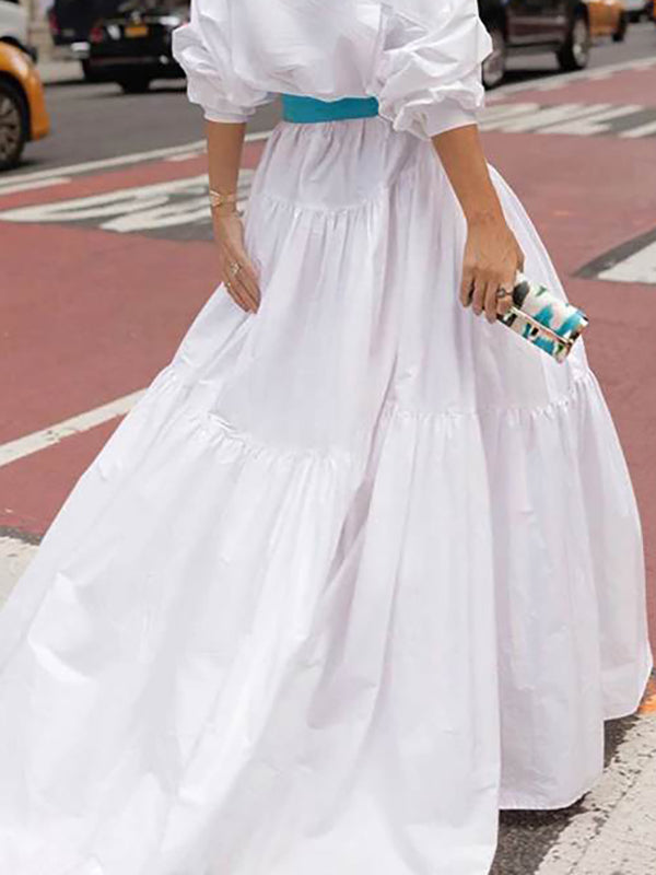 Long Sleeves Loose Belted Pleated Solid Color Lapel Maxi Dresses Shirt Dress
