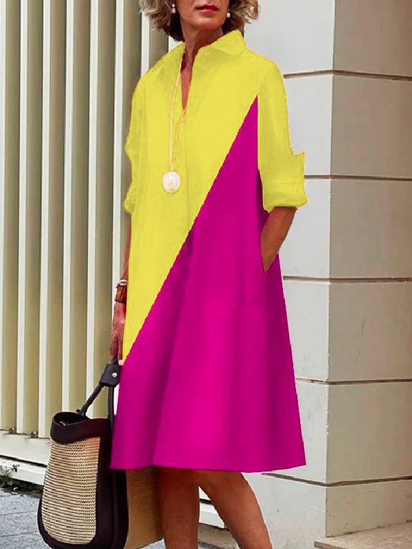 Stylish Selection Long Sleeves Contrast Color Lapel Midi Dresses