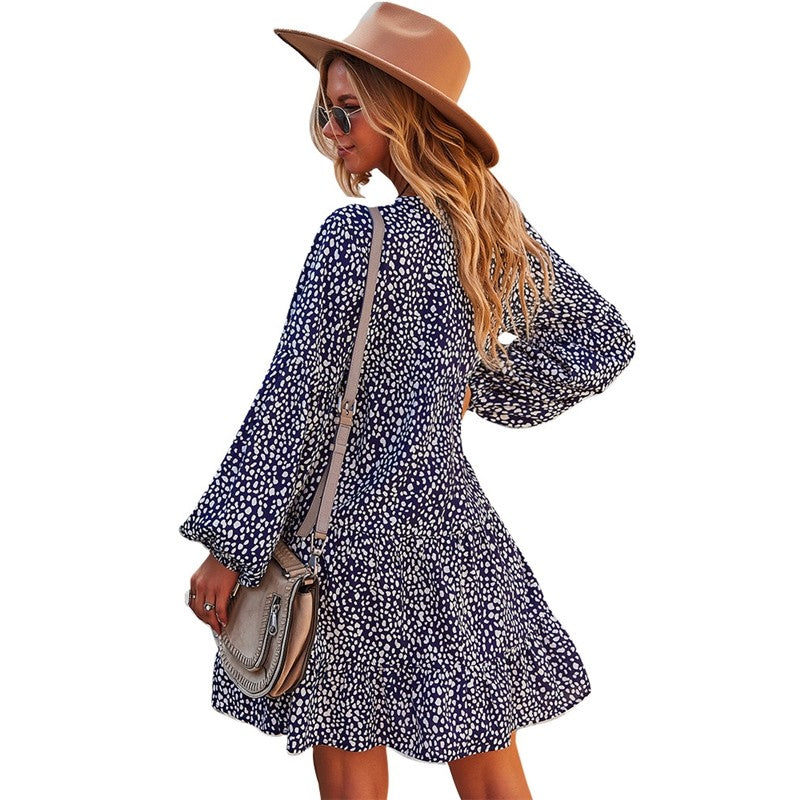 Long Sleeve V-Neck Leopard Print Casual Resort Dress