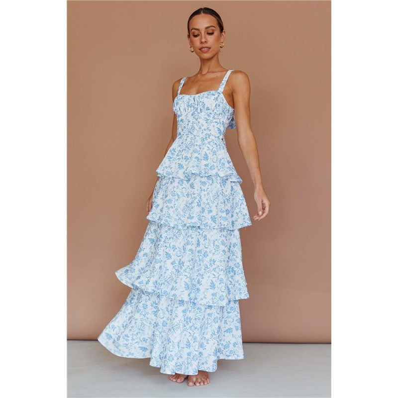Slim Fit Waist Floral Print Long Strapless Dress
