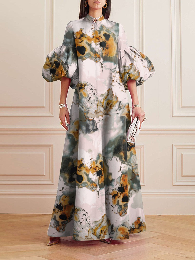 Loose Flower Shape Solid Color Stand Collar Evening Dresses Maxi Dresses