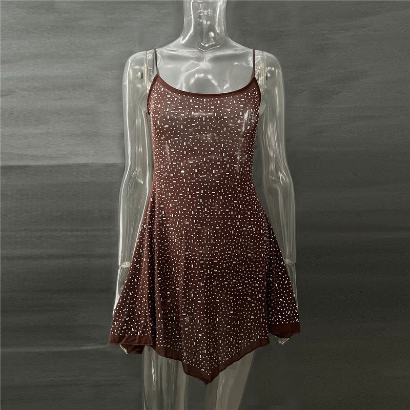 Semi-Sheer Spaghetti Strap Short Dress With Rhinestones