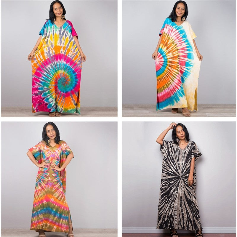 Short Sleeves Tie-Dyed Split Maxi Dress