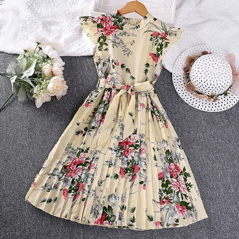 Girls' Printed Dash Sleeve Lace-Up Dress