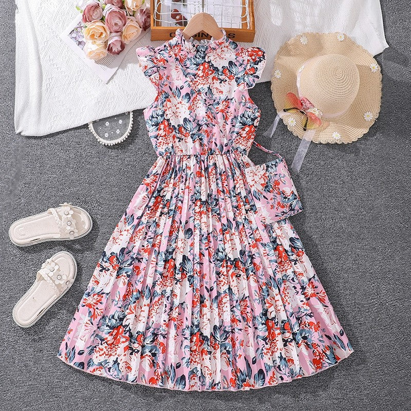 Fly Sleeve Printed Pleated Princess Dress