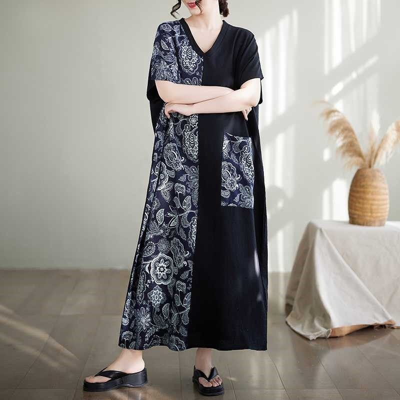 V-Neck Short Sleeve Color Block Maxi Dress