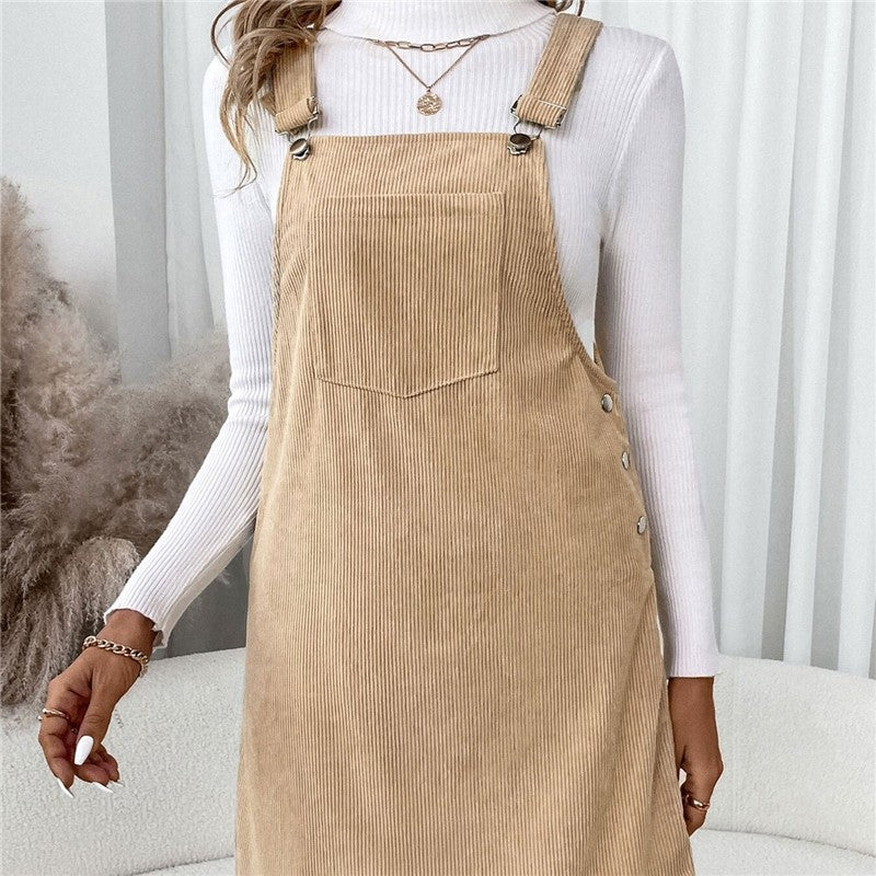Solid Color Corduroy Pinafore Dress