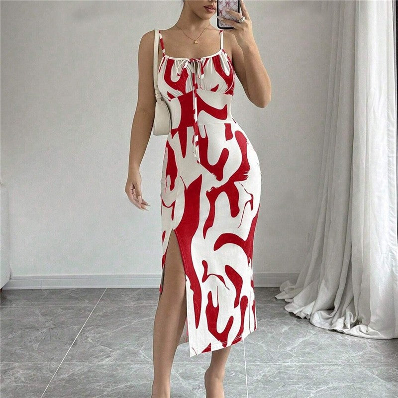 Midi Print Slit Thigh Slip Dress