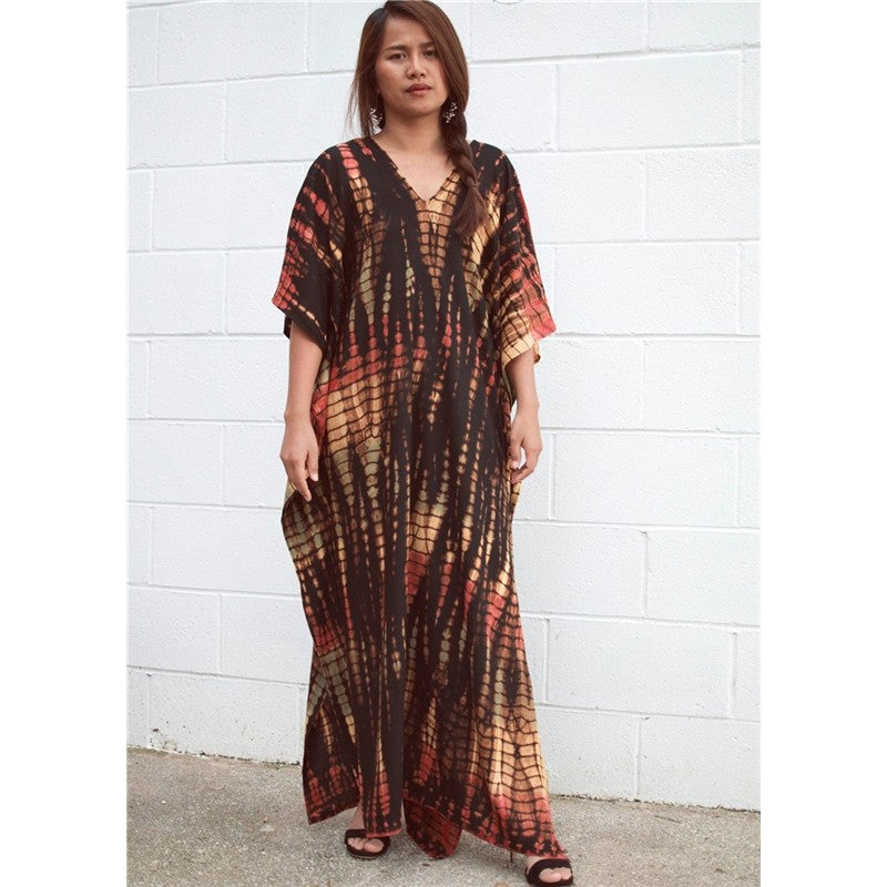 Half Sleeves V-Neck Tie-Dyed Maxi Dress