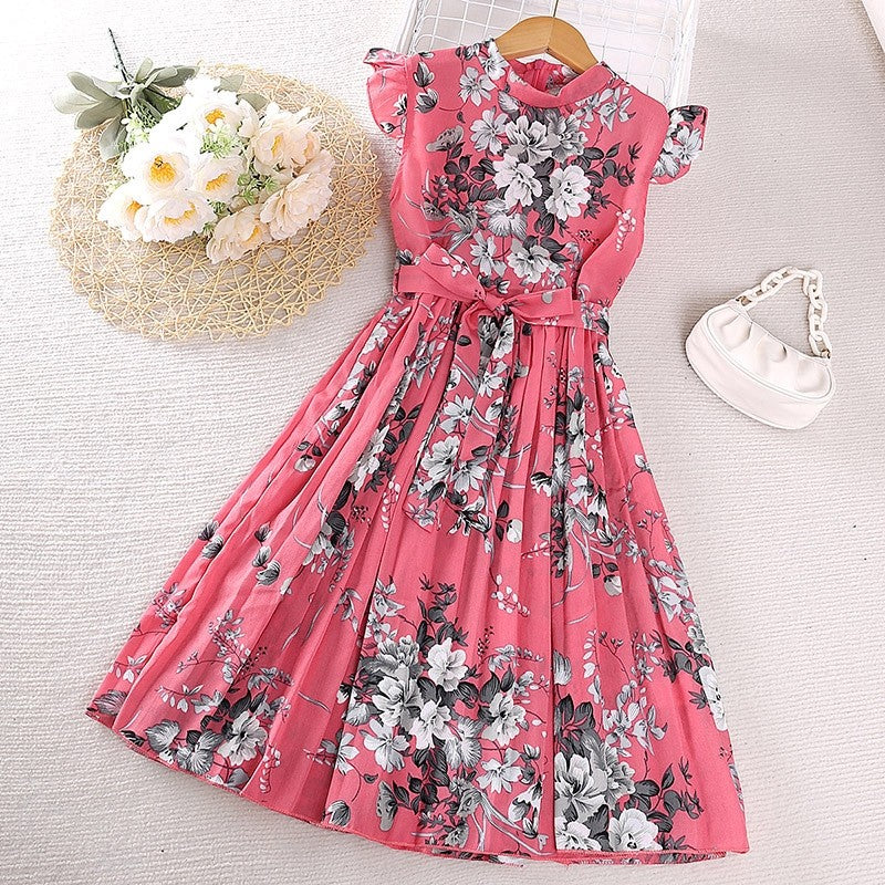 Girl's Lace-Up Printed Dash Sleeve Dress